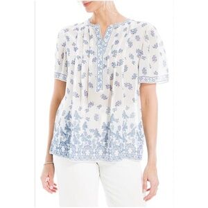 Max‎ Studio Bohemian Blouse Embroidered Short Sleeve Blue & White Medium